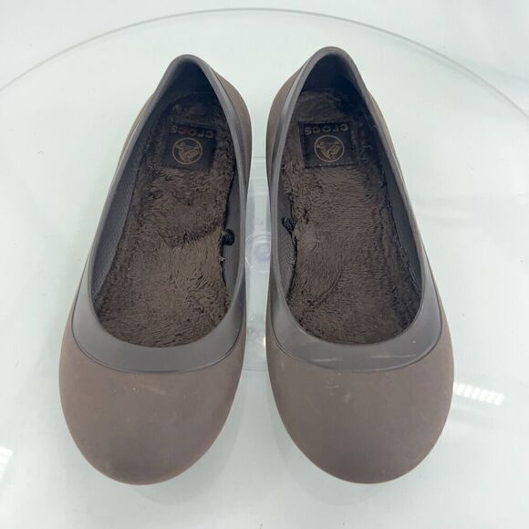 CROCS Women's Mammoth Ballet Flats Size 8 Fleece Lined Shoe Brown Fleece Slip On - Picture 1 of 9